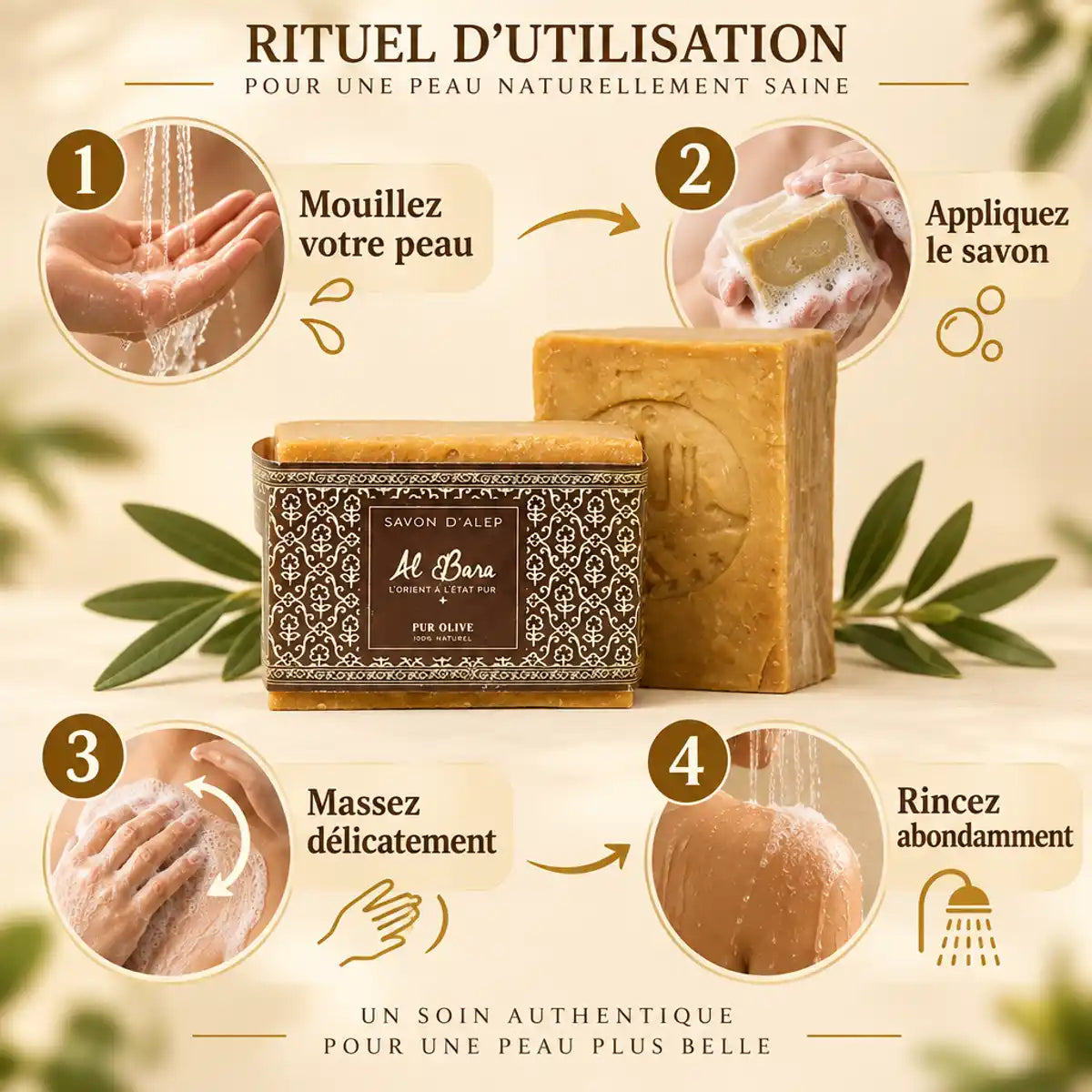 Savon d'Alep pur olive Al Bara 200g avec guide d'utilisation en 4 étapes illustrées