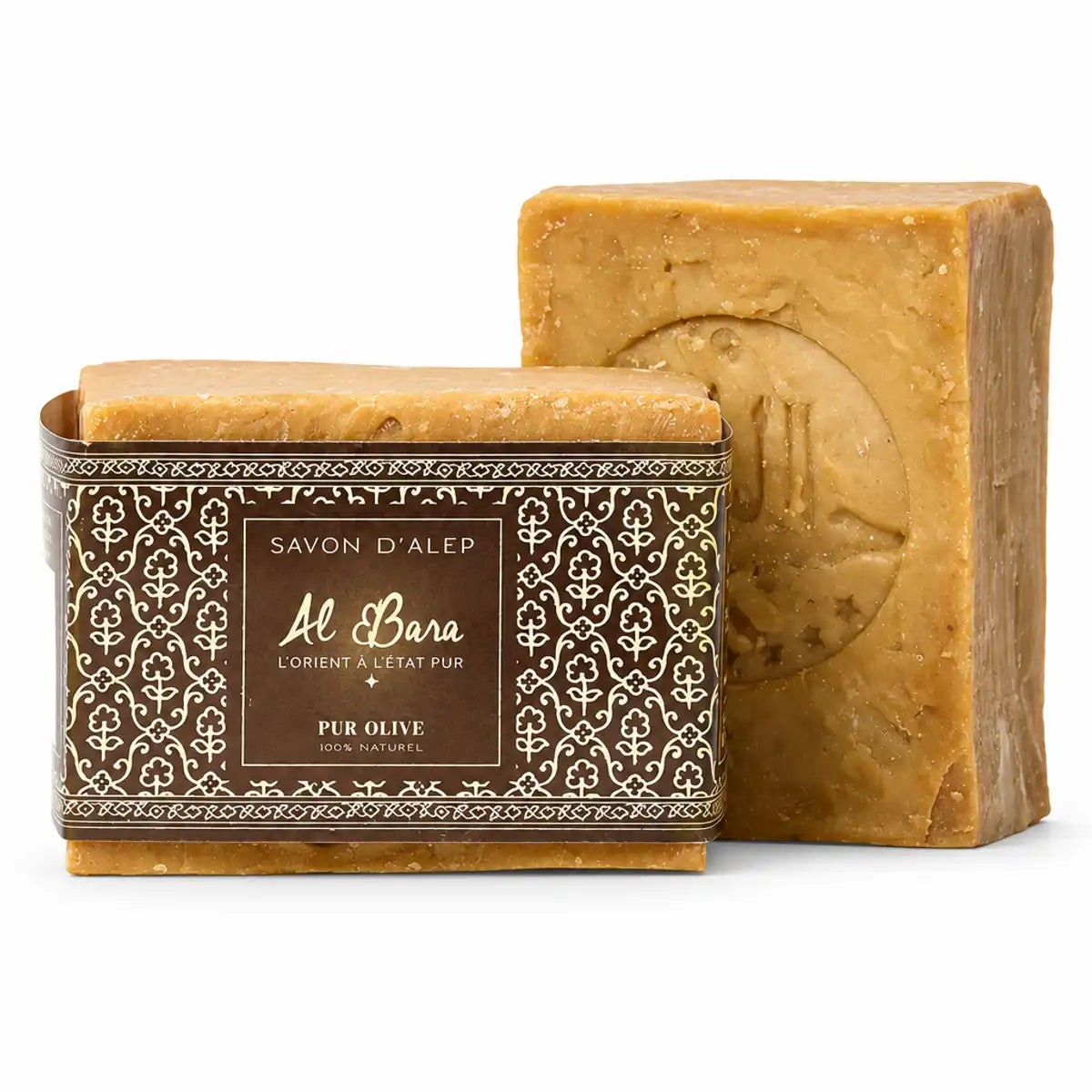 Savon d'Alep Pur Olive Al Bara 200g avec emballage marron et blanc