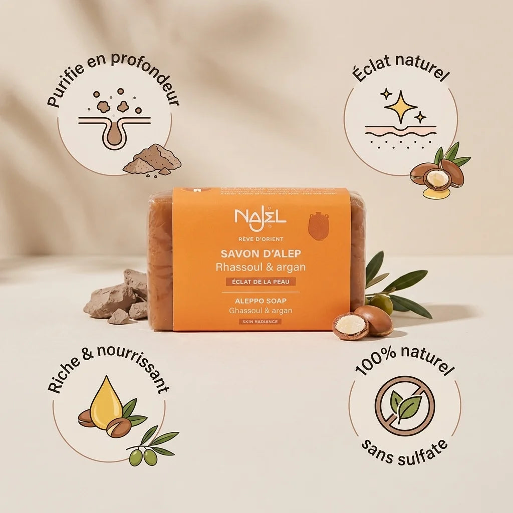 Savon d'Alep Najel Rhassoul & Argan naturel sans sulfate avec bénéfices
