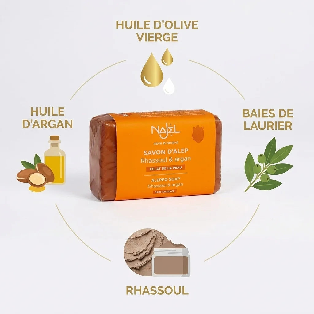 Savon d'Alep Najel avec Rhassoul et Argan - ingrédients naturels huile olive, laurier, argile