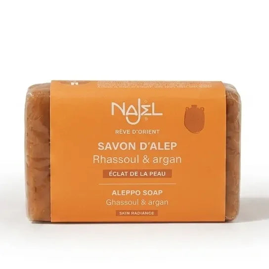 Savon d'Alep Najel Rhassoul & Argan, packaging orange sur fond blanc