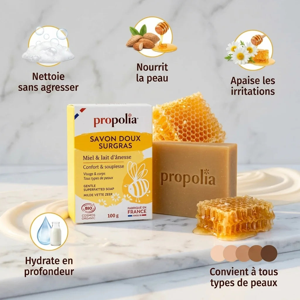 Savon Propolia surgras bio avec ses 5 bénéfices : nettoyage doux, nutrition, apaisement, hydratation profonde