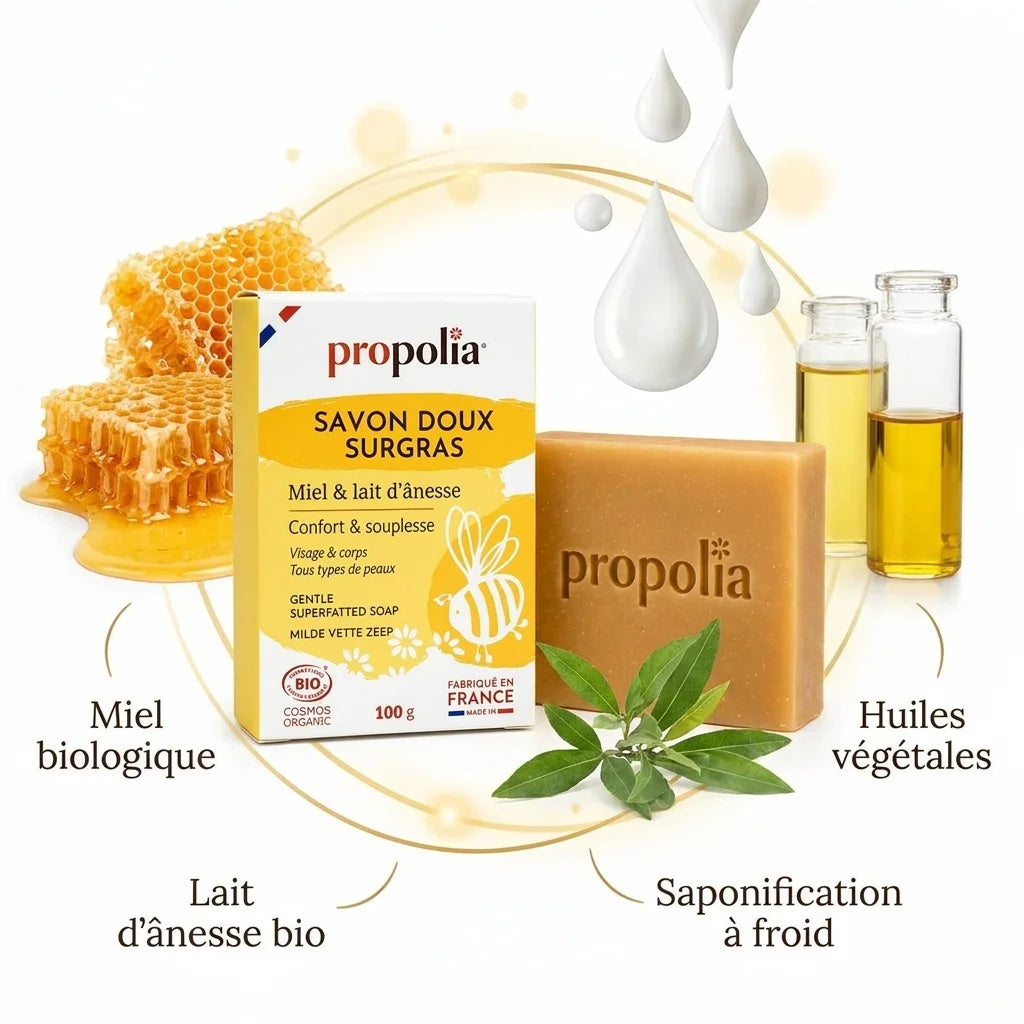 Savon bio surgras Propolia au miel et lait d'ânesse avec ingrédients naturels illustrés