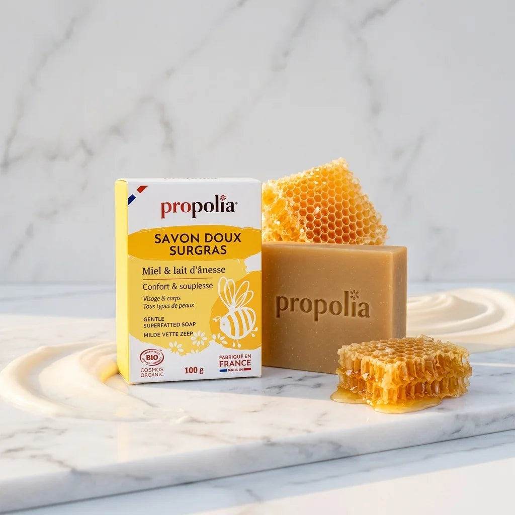 Savon doux surgras bio Propolia avec miel et emballage jaune sur marbre blanc