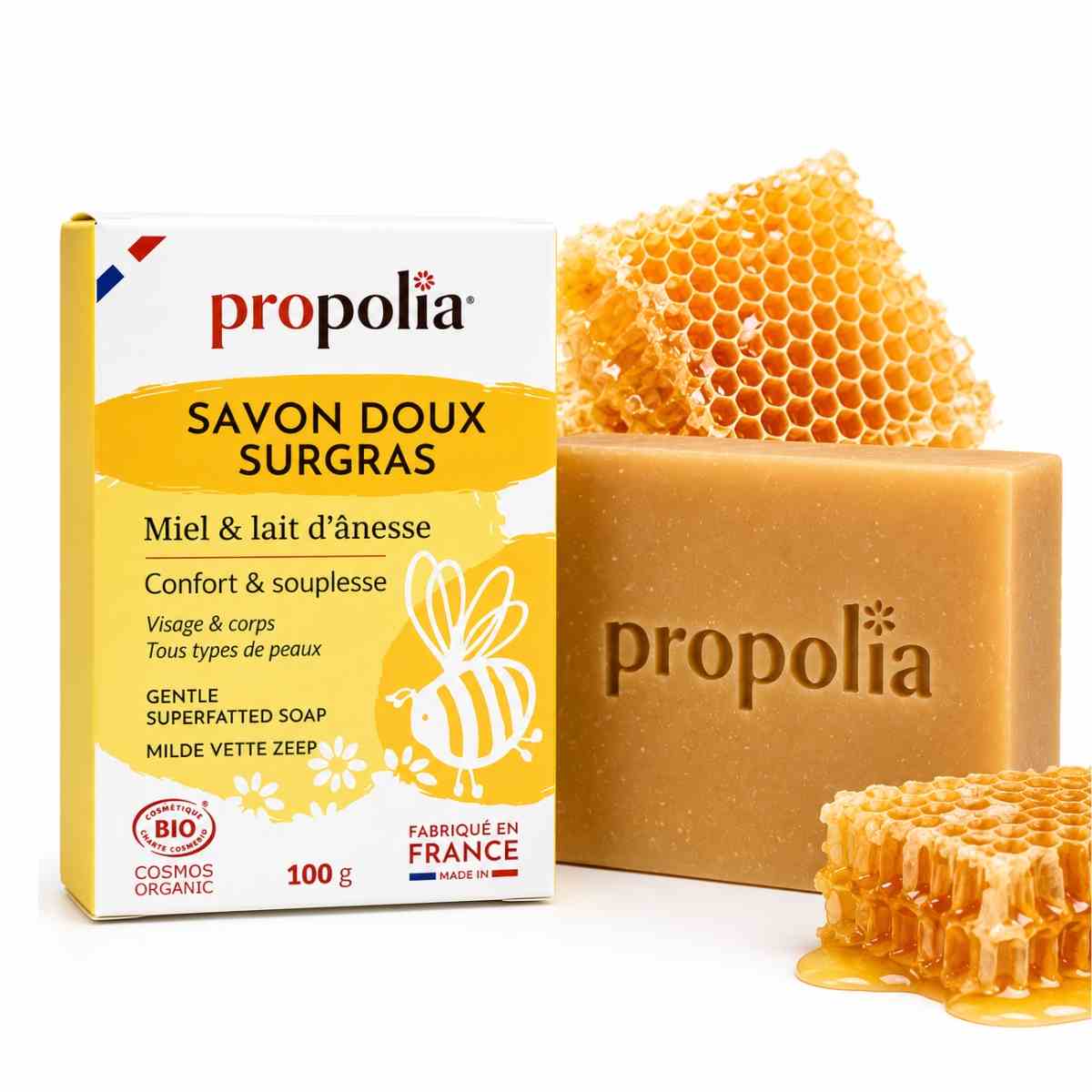 Savon doux surgras bio Propolia au miel et lait d'ânesse certifié