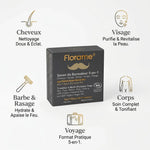 Savon Florame 5 en 1 bio avec ses 5 bénéfices : cheveux, visage, barbe, corps et voyage