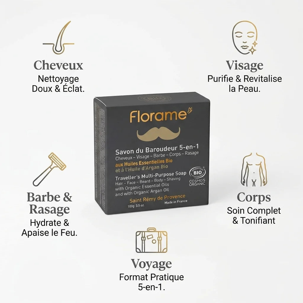 Savon Florame 5 en 1 bio avec ses 5 bénéfices : cheveux, visage, barbe, corps et voyage