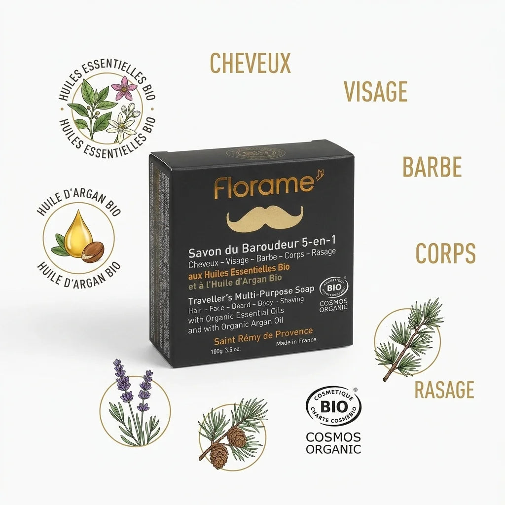 Savon du Baroudeur Florame 5 en 1 bio avec certification COSMOS et ingrédients naturels