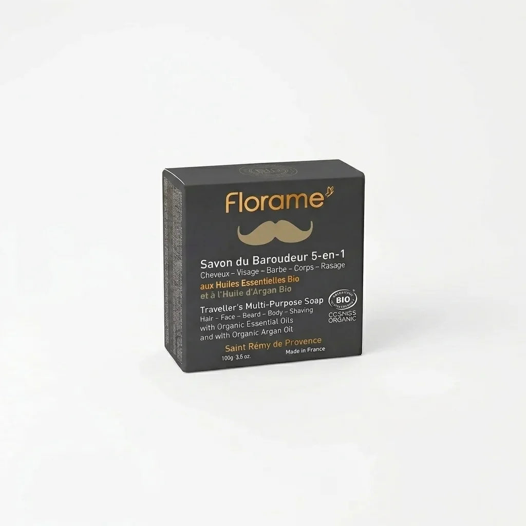 Savon du Baroudeur 5 en 1 bio Florame packaging noir et or sur fond blanc