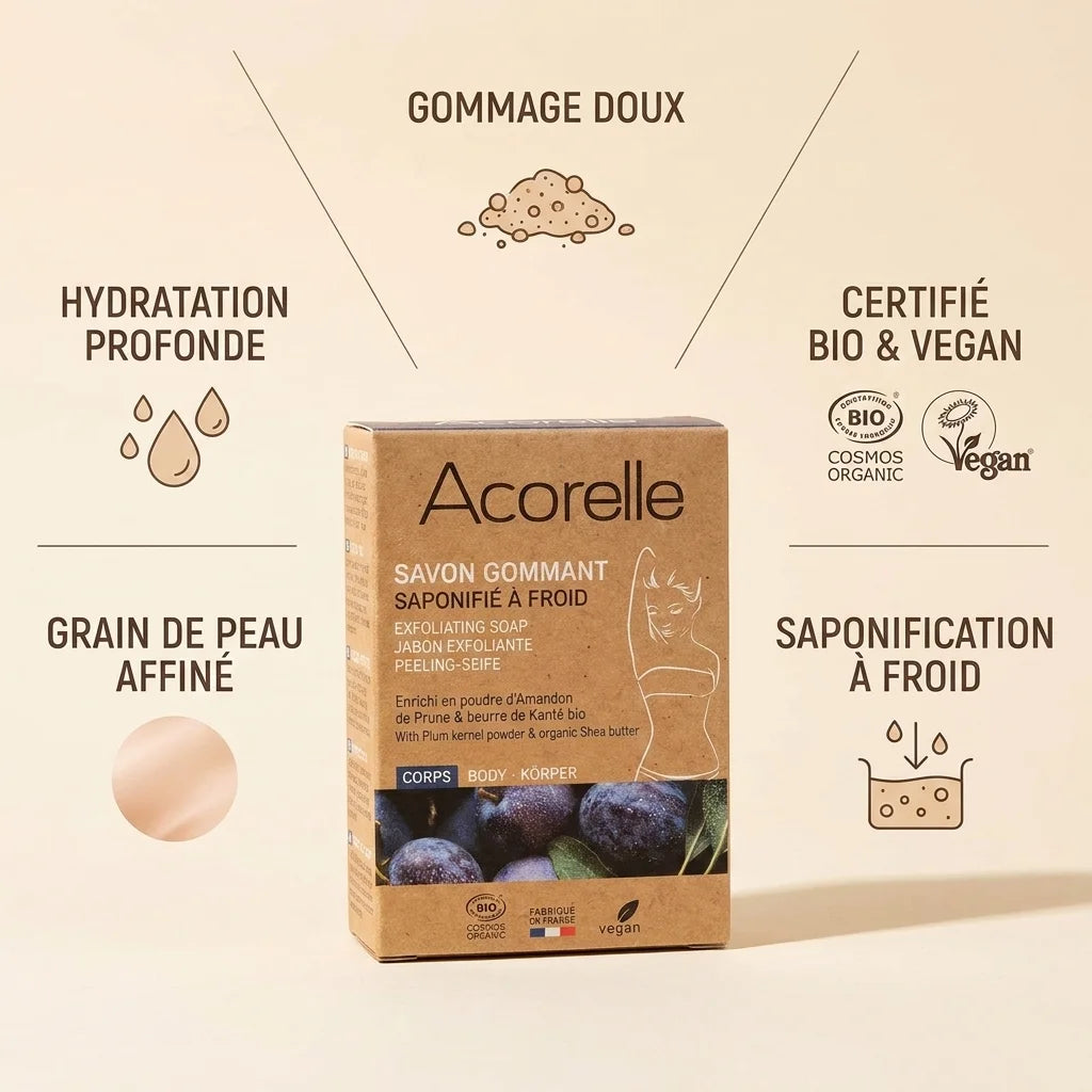 Savon gommant solide vegan bio Acorelle avec ses 5 bénéfices : gommage doux, hydratation, grain affiné