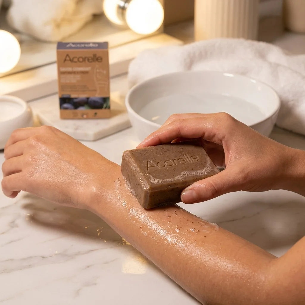 Savon gommant solide vegan Bio Acorelle utilisé lors d'une routine de soins de la peau