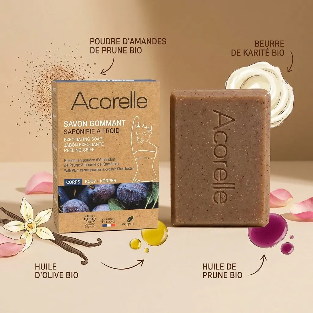 Savon gommant solide vegan Acorelle Bio avec ingrédients naturels : poudre de prune, karité et huile d'olive