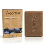 Savon gommant solide vegan Bio Acorelle avec emballage carton sur fond blanc