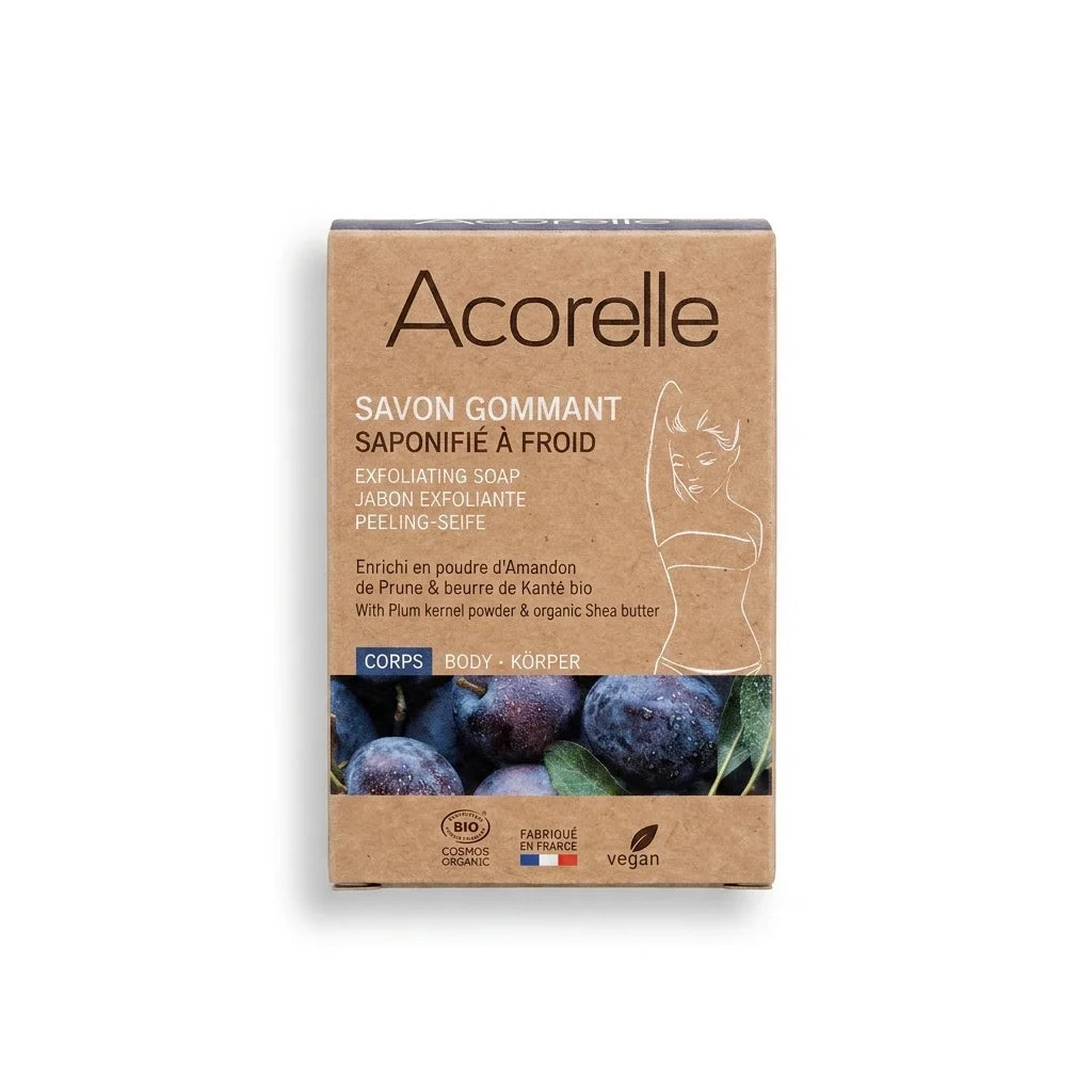 Savon gommant solide vegan bio Acorelle dans son emballage kraft sur fond blanc