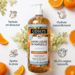 Savon liquide Marseille Bio Mandarine Coslys avec bénéfices naturels et tranches de mandarine frais