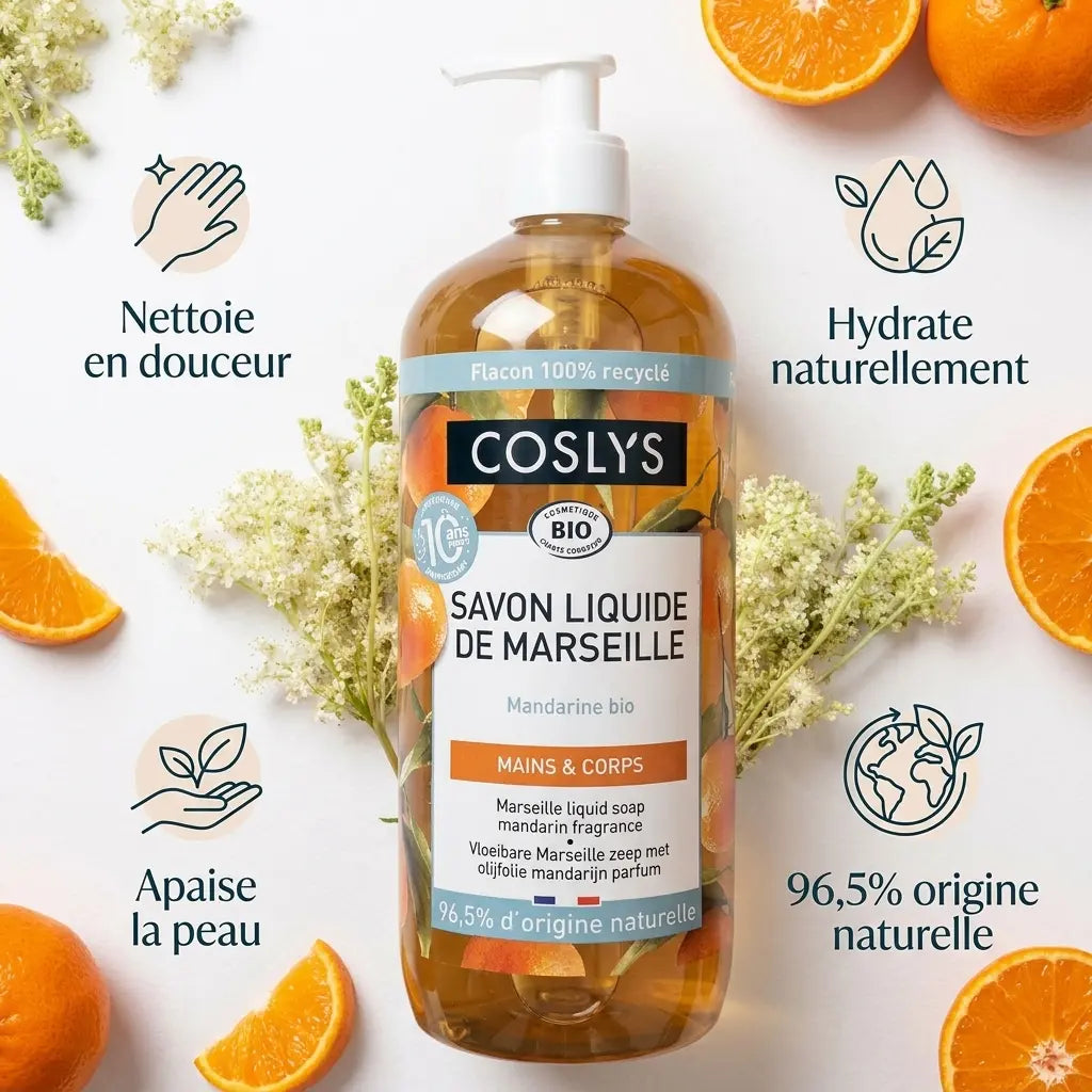 Savon liquide Marseille Bio Mandarine Coslys avec bénéfices naturels et tranches de mandarine frais