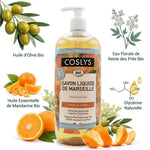 Savon liquide Marseille Bio Mandarine Coslys avec ingrédients naturels et huile essentielle