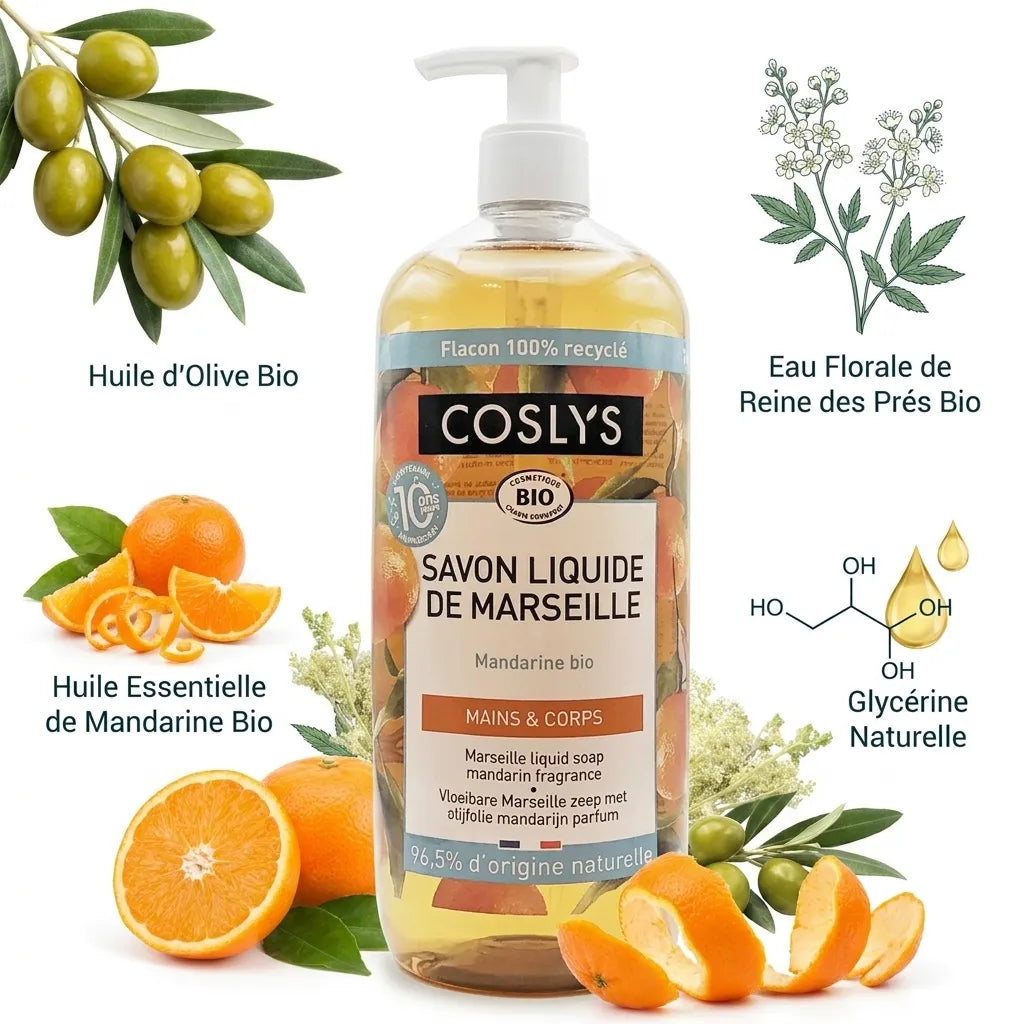 Savon liquide Marseille Bio Mandarine Coslys avec ingrédients naturels et huile essentielle