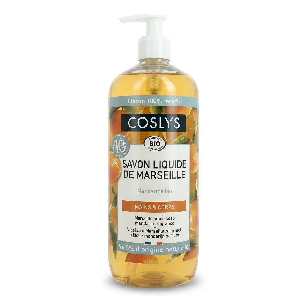 Savon liquide Marseille Bio Mandarine Coslys en flacon verre ambré avec pompe blanche