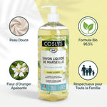 Savon liquide Marseille Coslys fleur d'oranger avec infographies bienfaits et formule bio