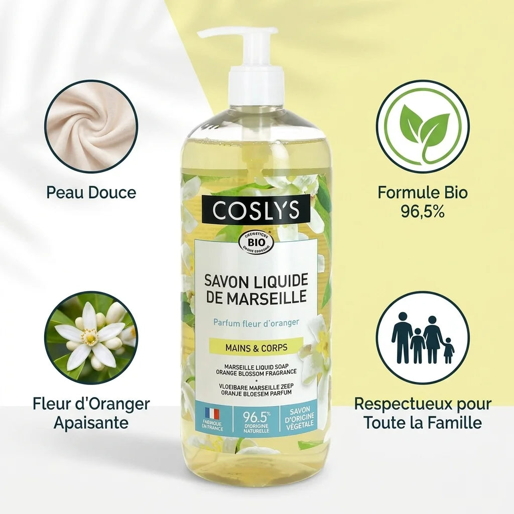 Savon liquide Marseille Coslys fleur d'oranger avec infographies bienfaits et formule bio