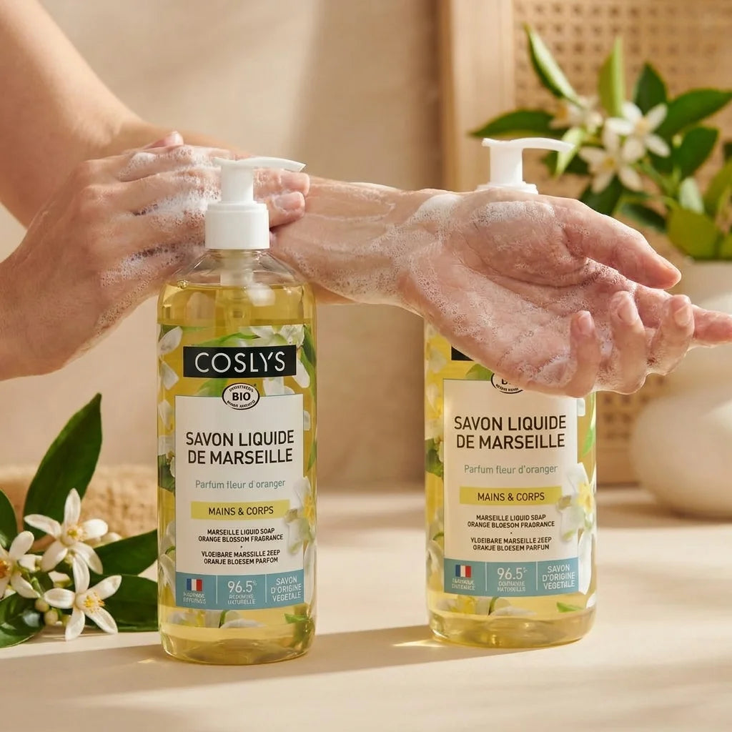 Savon liquide Marseille Coslys fleur d'oranger, mousse crémeuse sur les mains, bouteille pompe