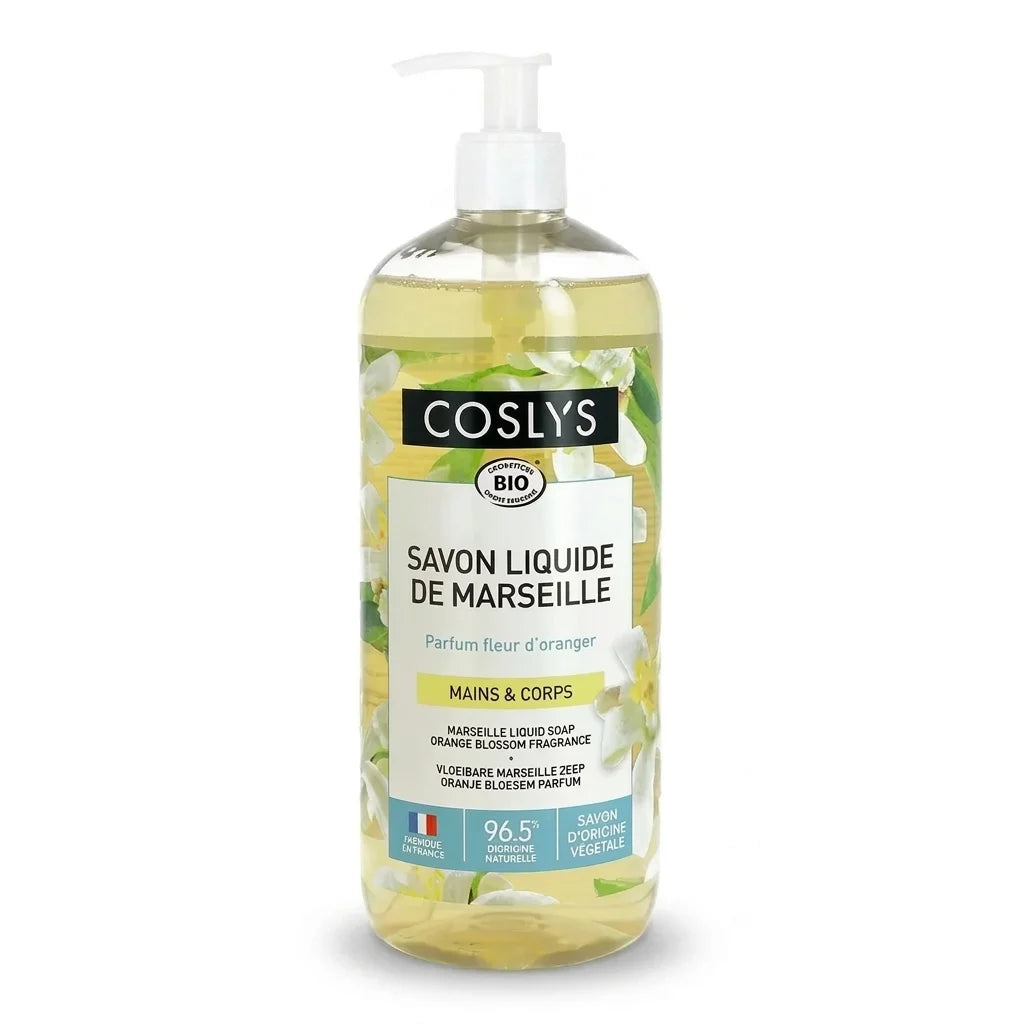 Savon liquide de Marseille Coslys fleur d'oranger avec pompe blanche sur fond blanc