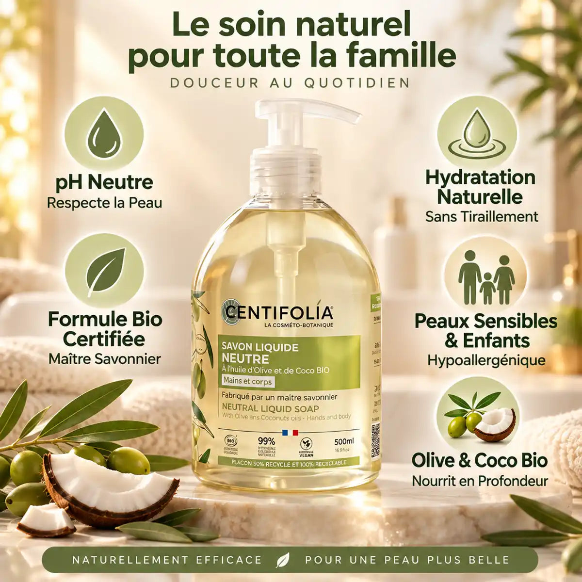 Savon liquide neutre Centifolia 500ml olive coco, salle de bain spa, bénéfices peaux sensibles