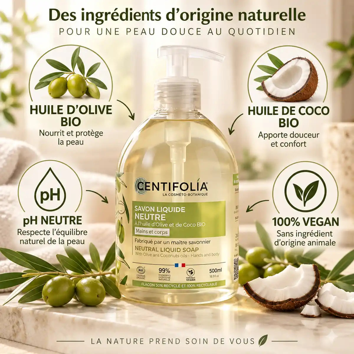 Savon liquide Centifolia 500ml huile d'olive et coco bio, pH neutre vegan