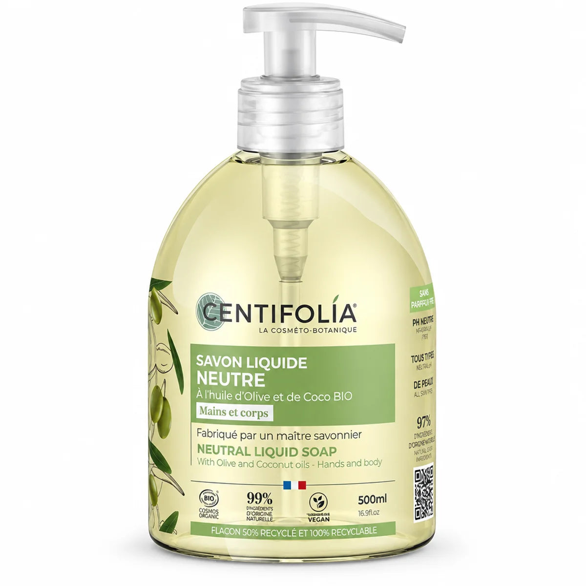 Savon liquide neutre Centifolia 500ml à l'huile d'olive et coco avec pompe doseuse