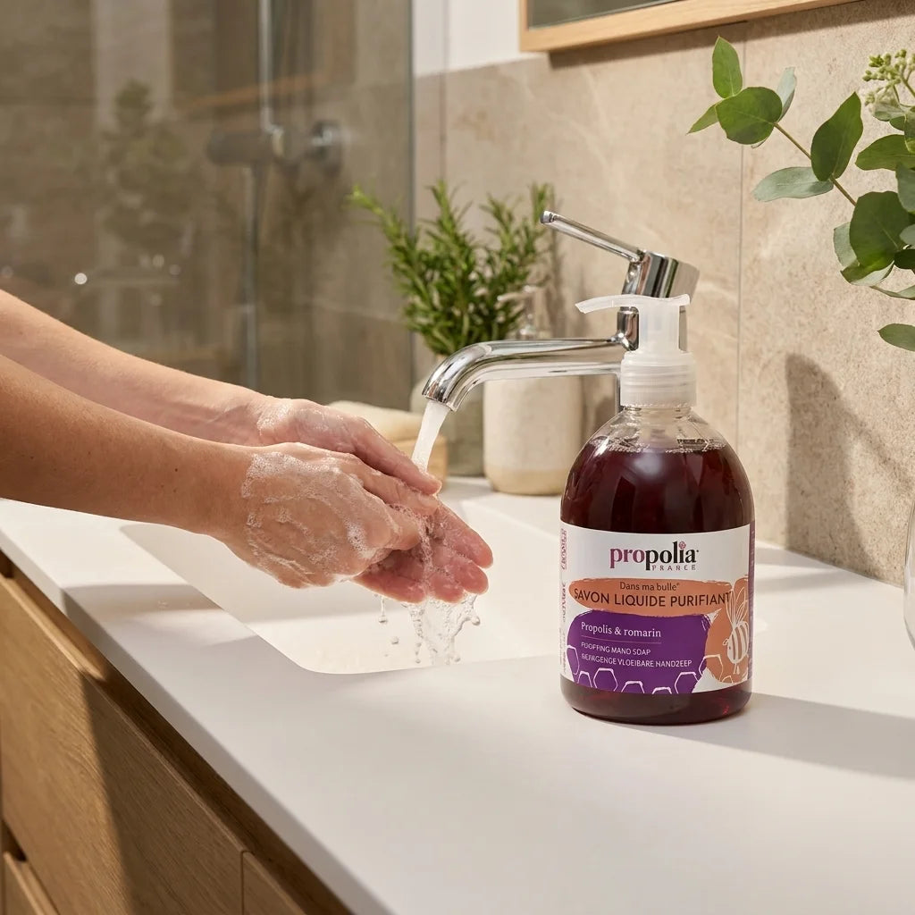 Savon mains Propolis et Romarin Propolia - utilisation sous l'eau courante en salle de bain moderne