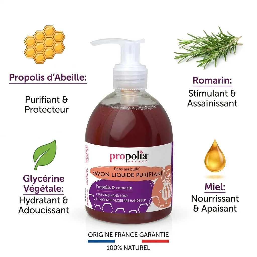 Savon mains purifiant Propolis et Romarin Propolia avec ingrédients naturels en infographie