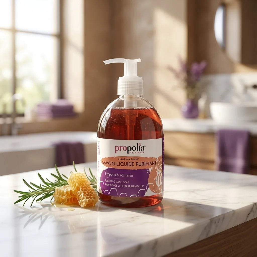 Savon mains purifiant Propolis Romarin Propolia sur marbre avec brins de romarin frais