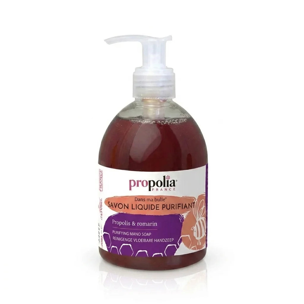 Savon mains liquide Propolia Propolis Romarin avec pompe distributrice sur fond blanc