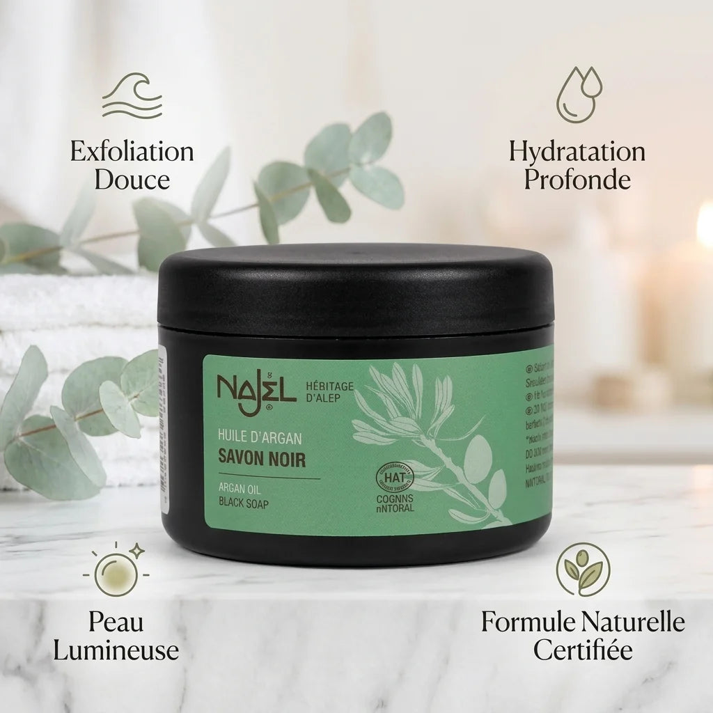 Savon noir Najel à l'huile d'argan avec bénéfices : exfoliation, hydratation, peau lumineuse, formule naturelle