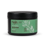 Savon noir Najel à l'huile d'argan en pot avec étiquette verte, fond blanc