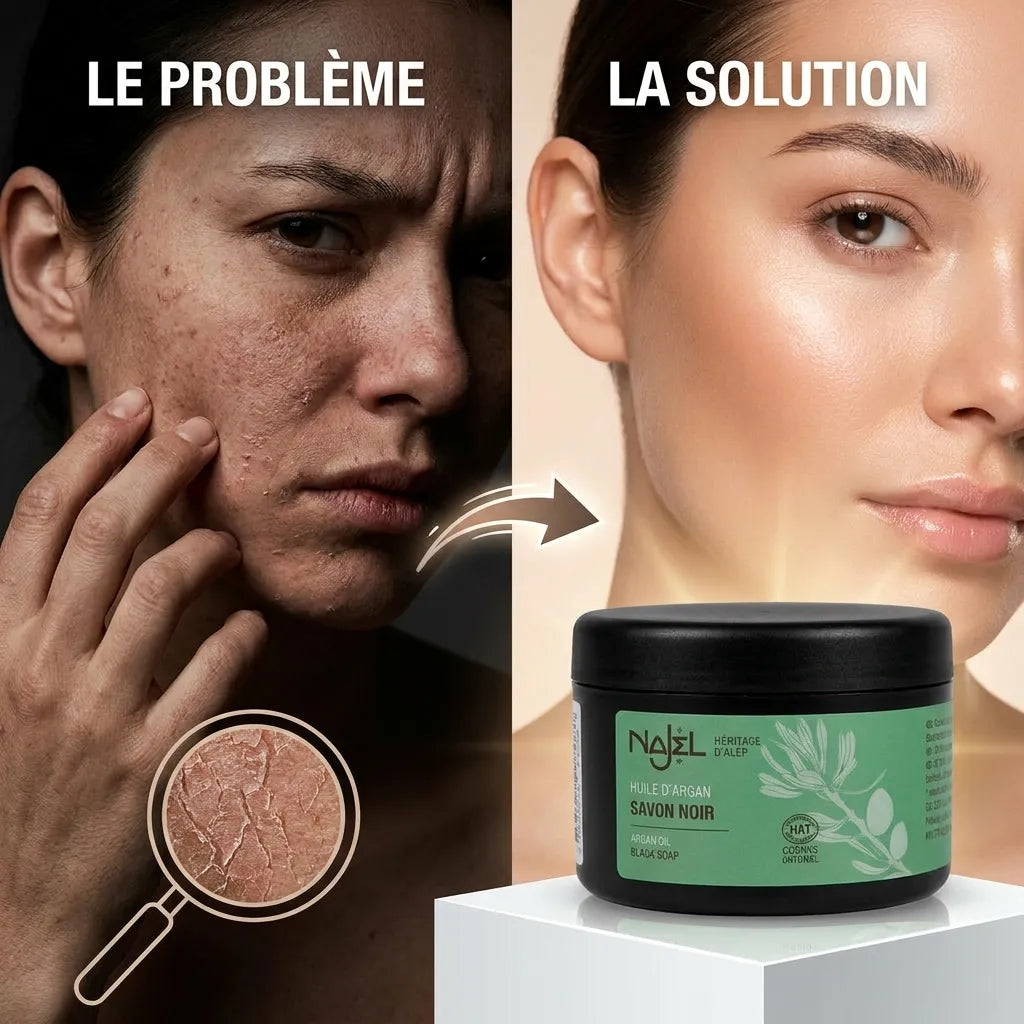 Savon noir Najel à l'huile d'argan - avant après peau sèche vs peau radieuse