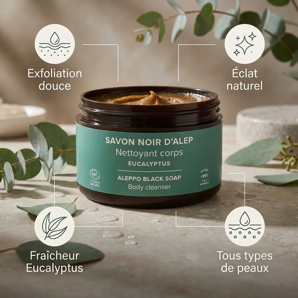 Savon noir Najel à l'eucalyptus avec bénéfices : exfoliation douce, éclat naturel et fraîcheur