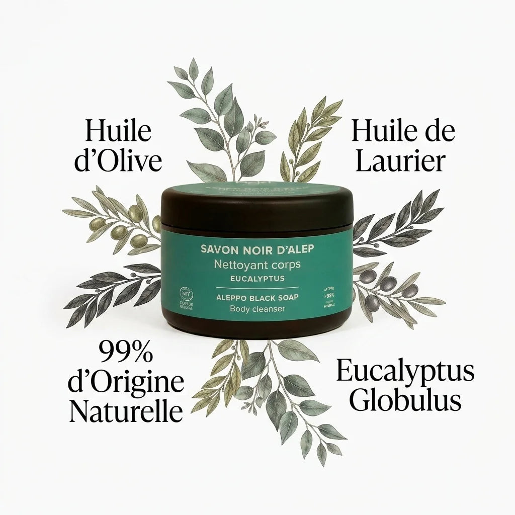 Savon noir d'Alep à l'Eucalyptus Najel avec huile d'olive et laurier sur fond blanc