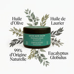Savon noir d'Alep à l'Eucalyptus Najel avec huile d'olive et laurier sur fond blanc