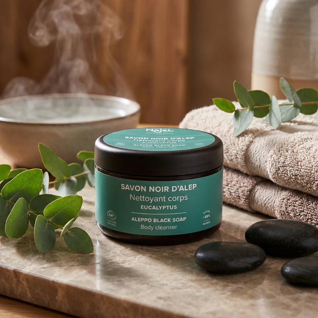 Savon noir Najel Alep eucalyptus en pot verre, ambiance spa hammam avec branches eucalyptus