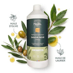 Savon noir d'Alep liquide Najel avec huile d'olive et laurier en studio professionnel