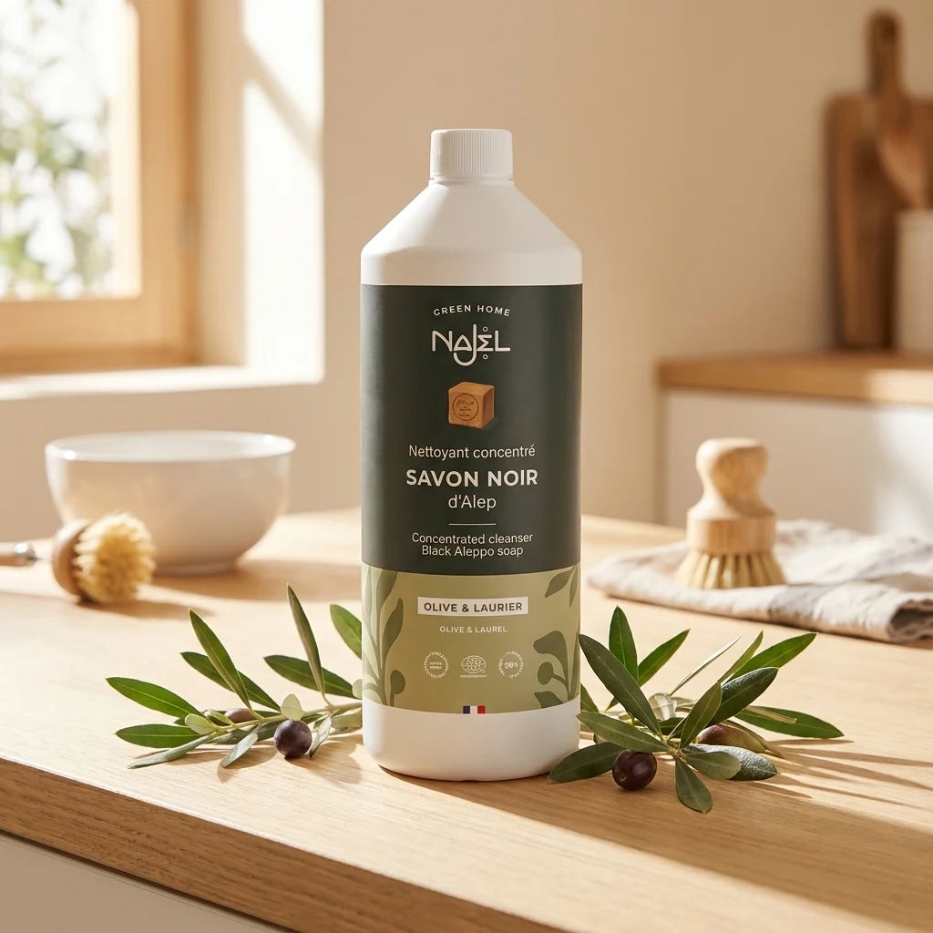 Savon noir d'Alep liquide Najel avec branches d'olivier en lumière naturelle