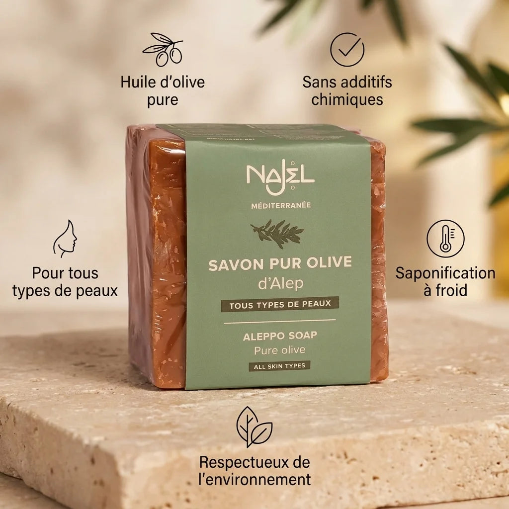 Savon pur olive Najel d'Alep avec ses 5 bénéfices : huile d'olive, sans additifs, tous types de peaux
