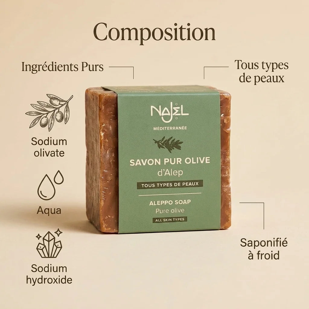 Savon pur olive Najel d'Alep avec composition ingrédients, saponifié à froid pour tous types de peaux