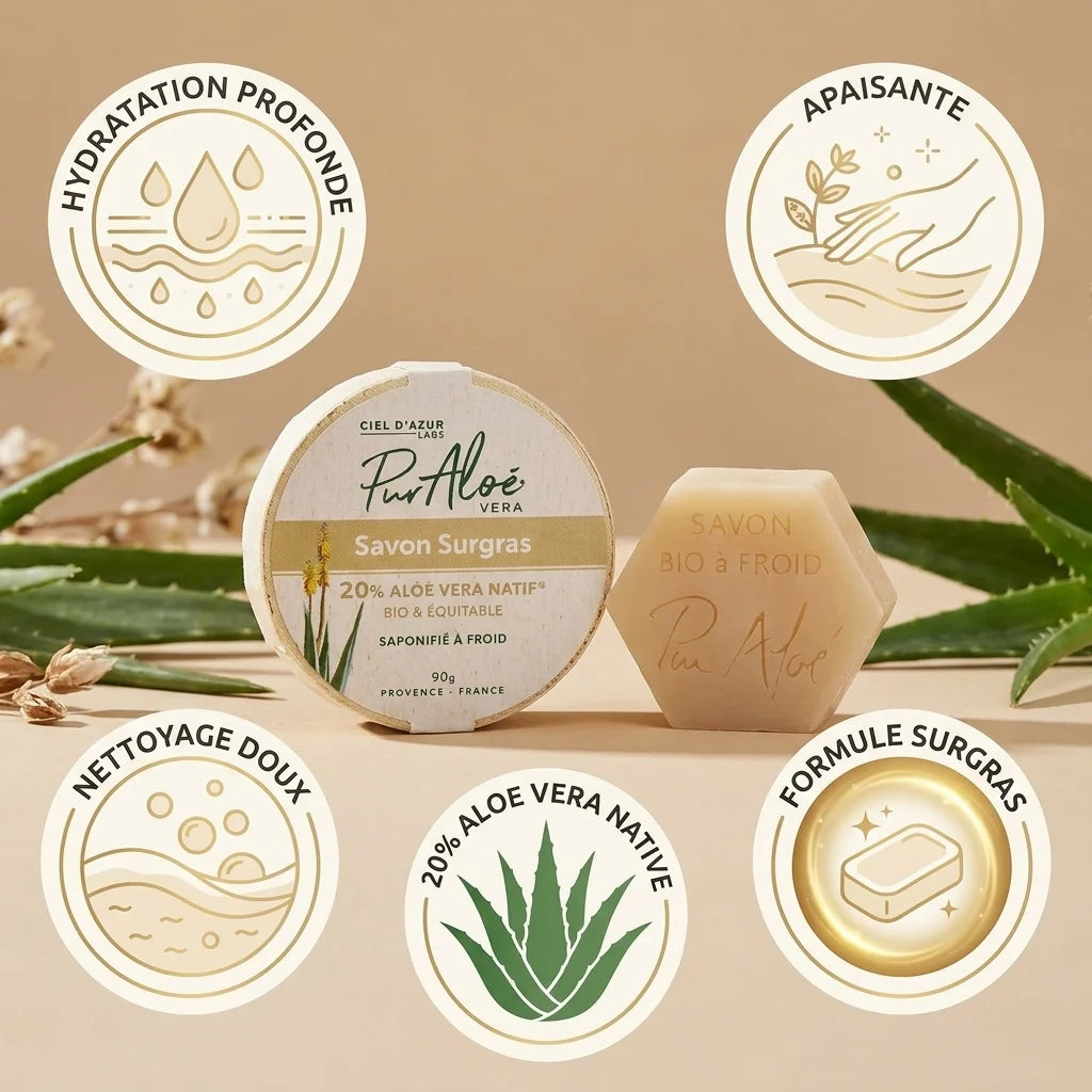 Savon Bio saponifié froid 20% Aloe Vera avec ses bénéfices hydratation et nettoyage doux