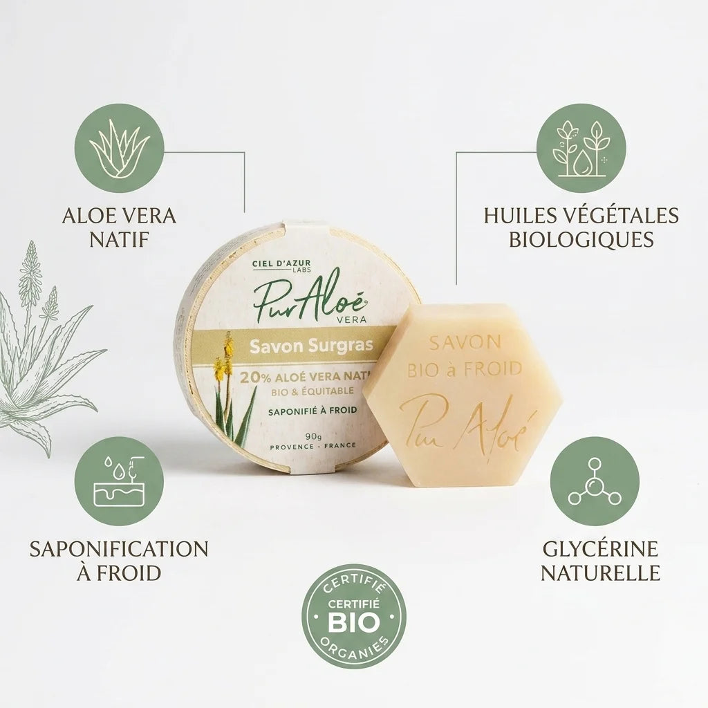 Savon bio Pur'Aloé à froid 20% aloe vera avec packaging et ingrédients certifiés