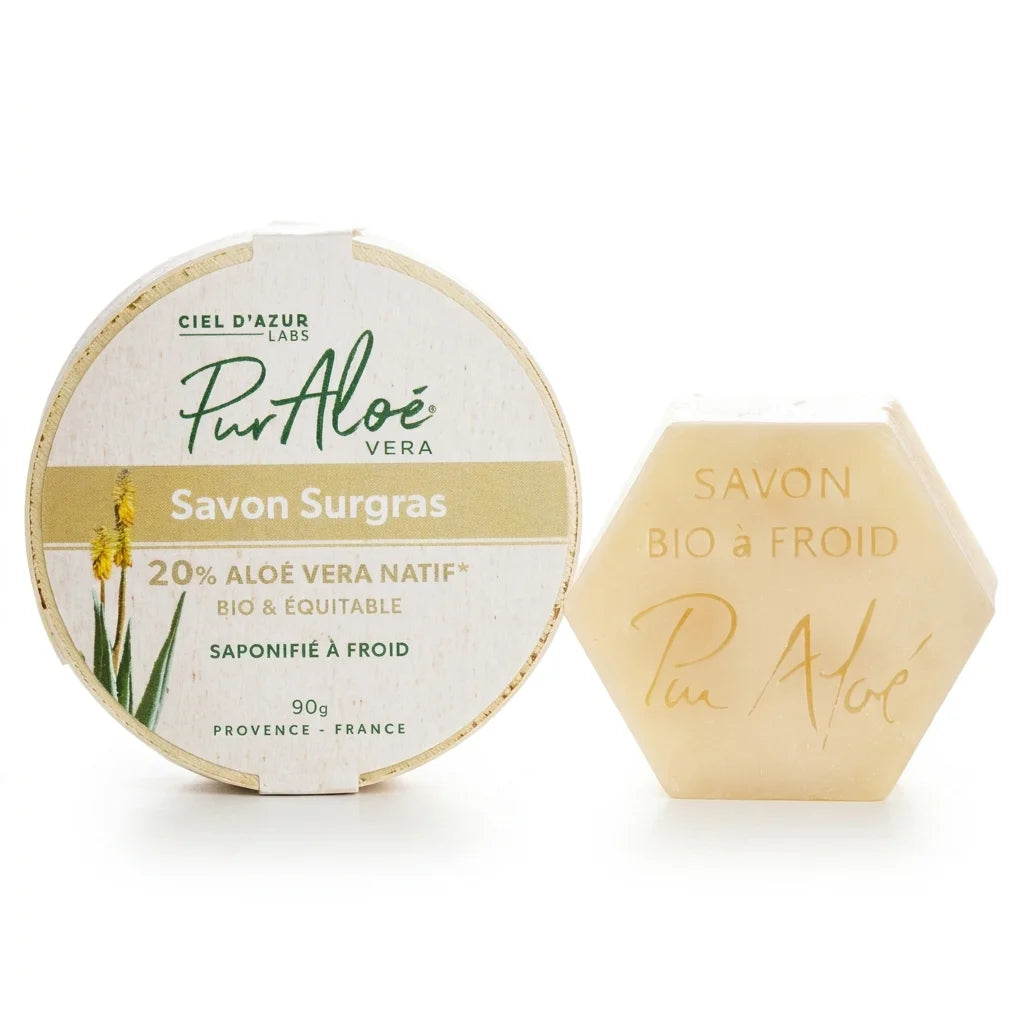 Savon bio saponifié à froid 20% Aloe Vera Pur'Aloé sur fond blanc