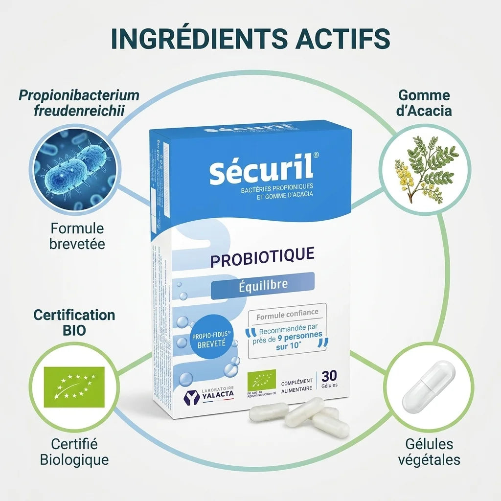 SECURIL® BIO gélules probiotiques Yalacta avec ingrédients actifs et certification biologique