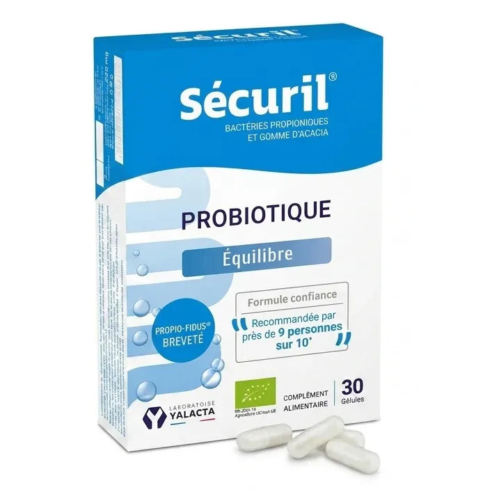 SECURIL® BIO gélules probiotiques Yalacta - boîte packaging et capsules blanches